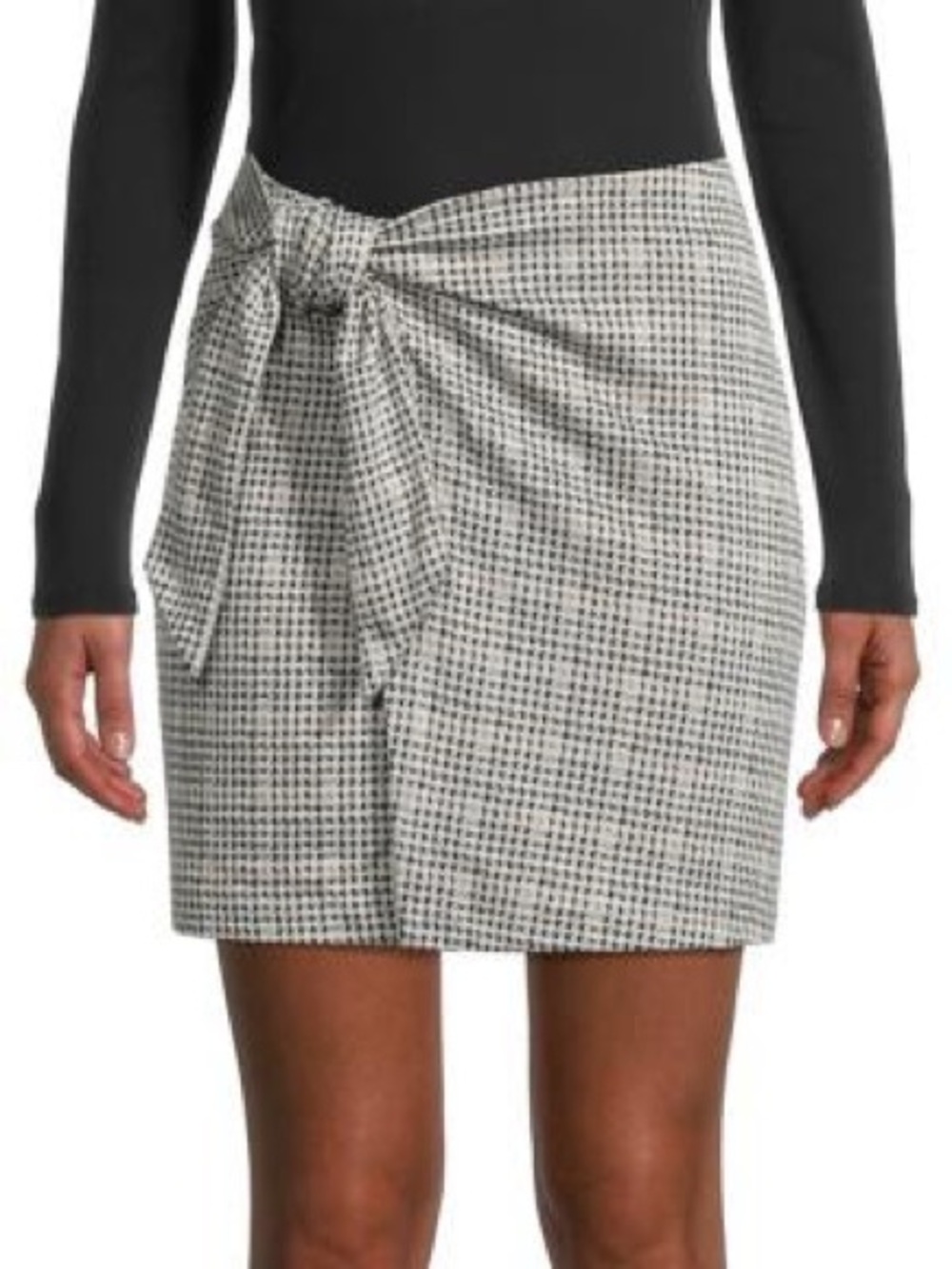 Black and White Plaid Tie-Front Mini Skirt